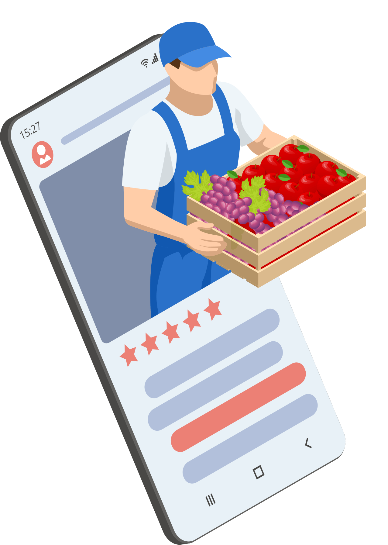Apfeltaxi-Lieferant bringt eine Kiste frisches Obst